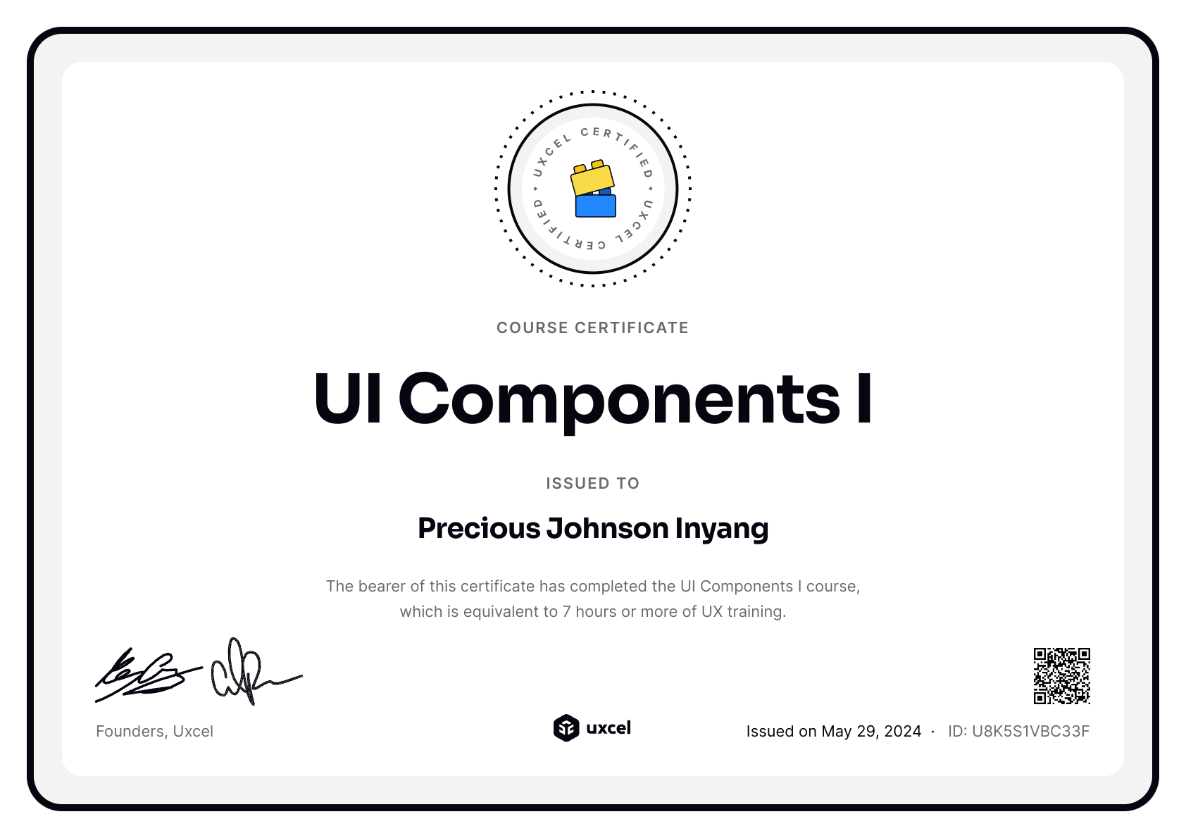 Precious Johnson Inyang's certificate
